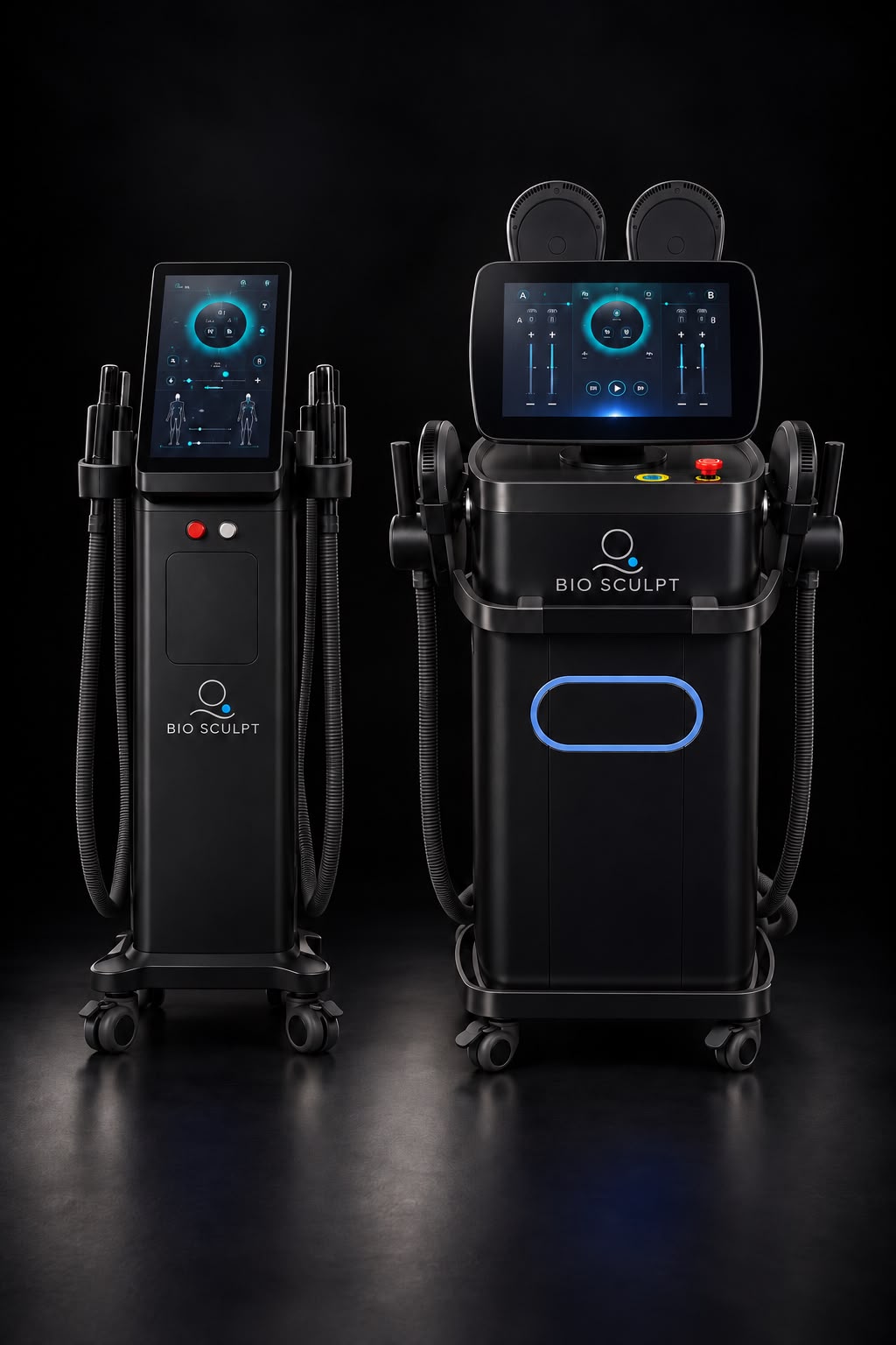 Två BioSculpt-maskiner för elektromagnetisk muskelstimulering mot svart bakgrund